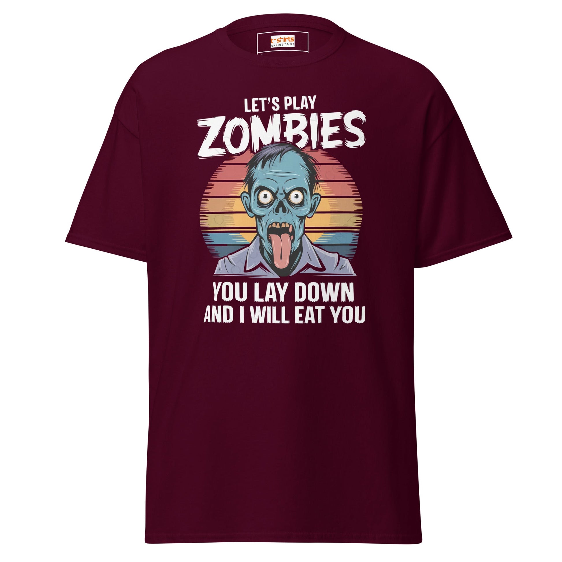 Lets Play Zombies T-Shirt | Zombie Tee - Maroon - T-Shirts Online