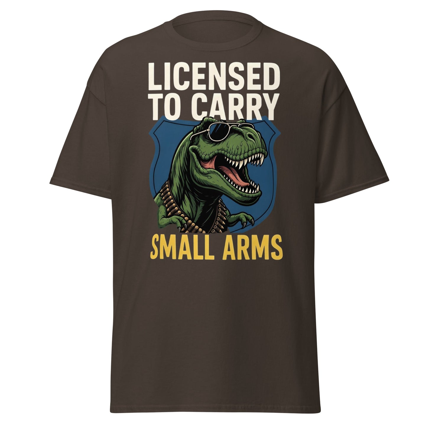 Licensed to Carry Small Arms T-Shirt | Funny T - Rex Tee - Dark Chocolate - T-Shirts Online