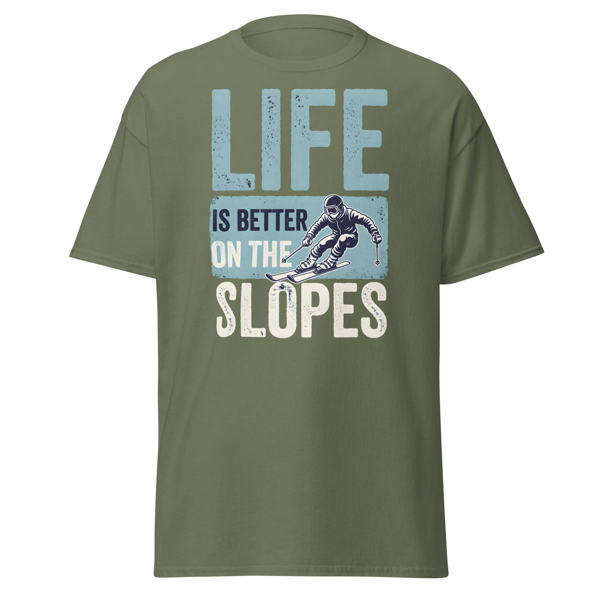 Life Is Better On The Slopes T-Shirt | Vintage Skiing Tee - Military Green - T-Shirts Online