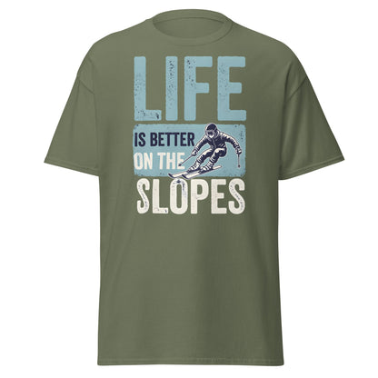 Life Is Better On The Slopes T-Shirt | Vintage Skiing Tee - Military Green - T-Shirts Online