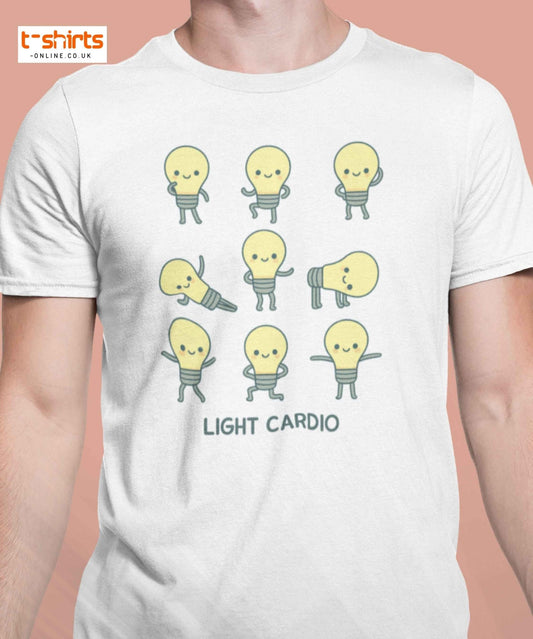 White t-shirt with light bulb design and 'Light Cardio' text on a peach background