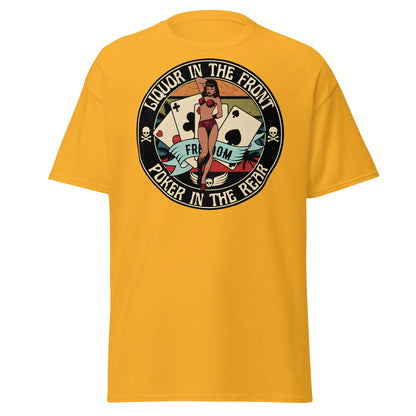 Liquor in the Front Poker in the Rear Pin - Up Tee - Gold - T-Shirts Online