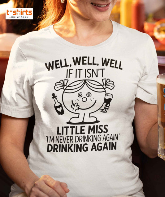 Person wearing a white t-shirt with a humorous design and text.