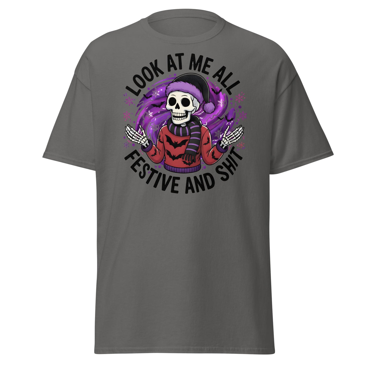 Look At Me All Festive T-Shirt - Funny Skeleton Holiday - Charcoal - T-Shirts Online
