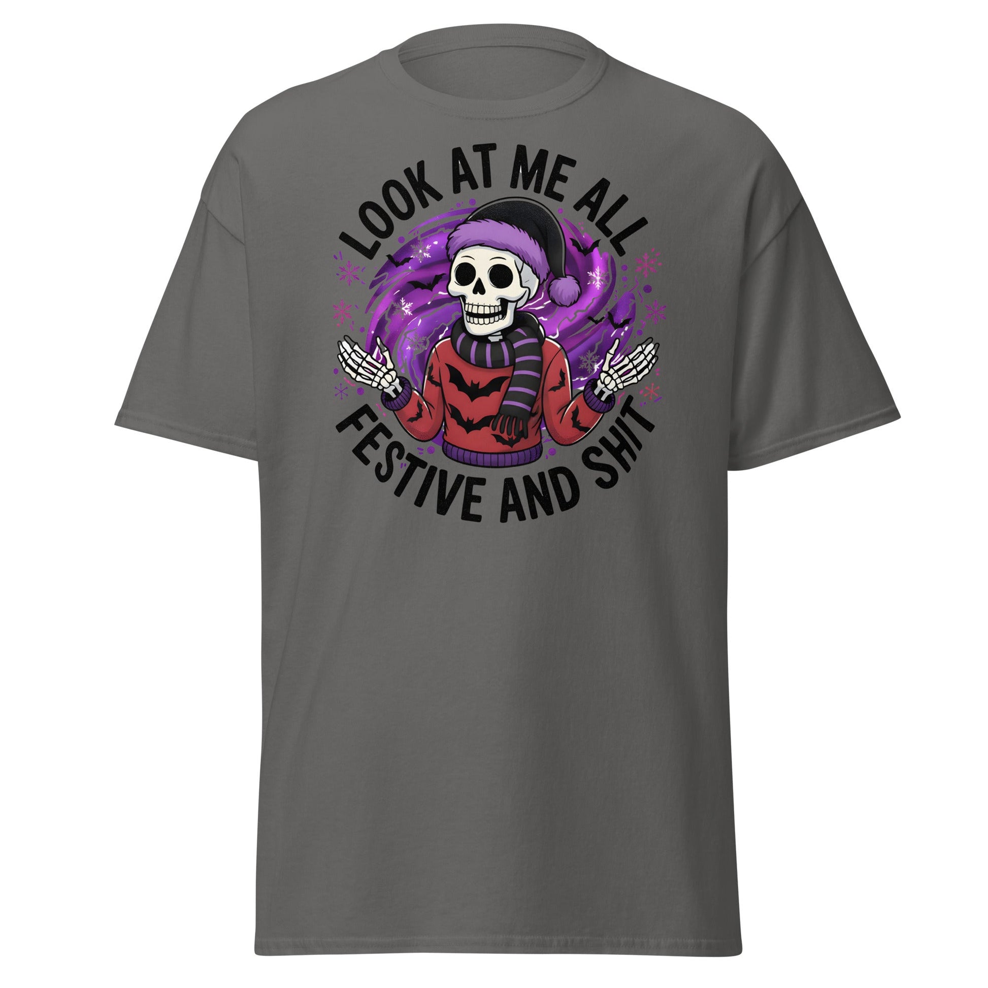 Look At Me All Festive T-Shirt - Funny Skeleton Holiday - Charcoal - T-Shirts Online