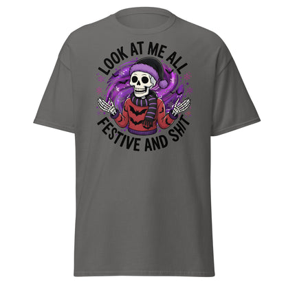 Look At Me All Festive T-Shirt - Funny Skeleton Holiday - Charcoal - T-Shirts Online