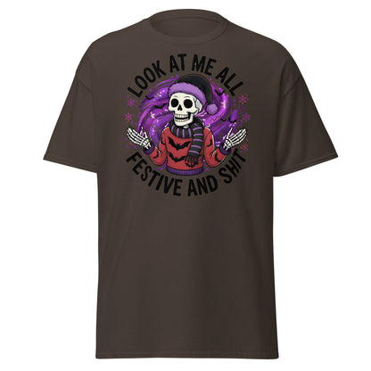 Look At Me All Festive T-Shirt - Funny Skeleton Holiday - Dark Chocolate - T-Shirts Online