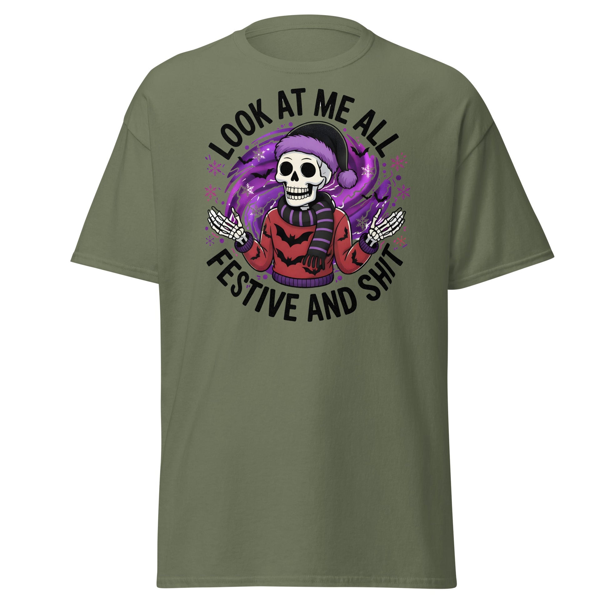Look At Me All Festive T-Shirt - Funny Skeleton Holiday - Military Green - T-Shirts Online