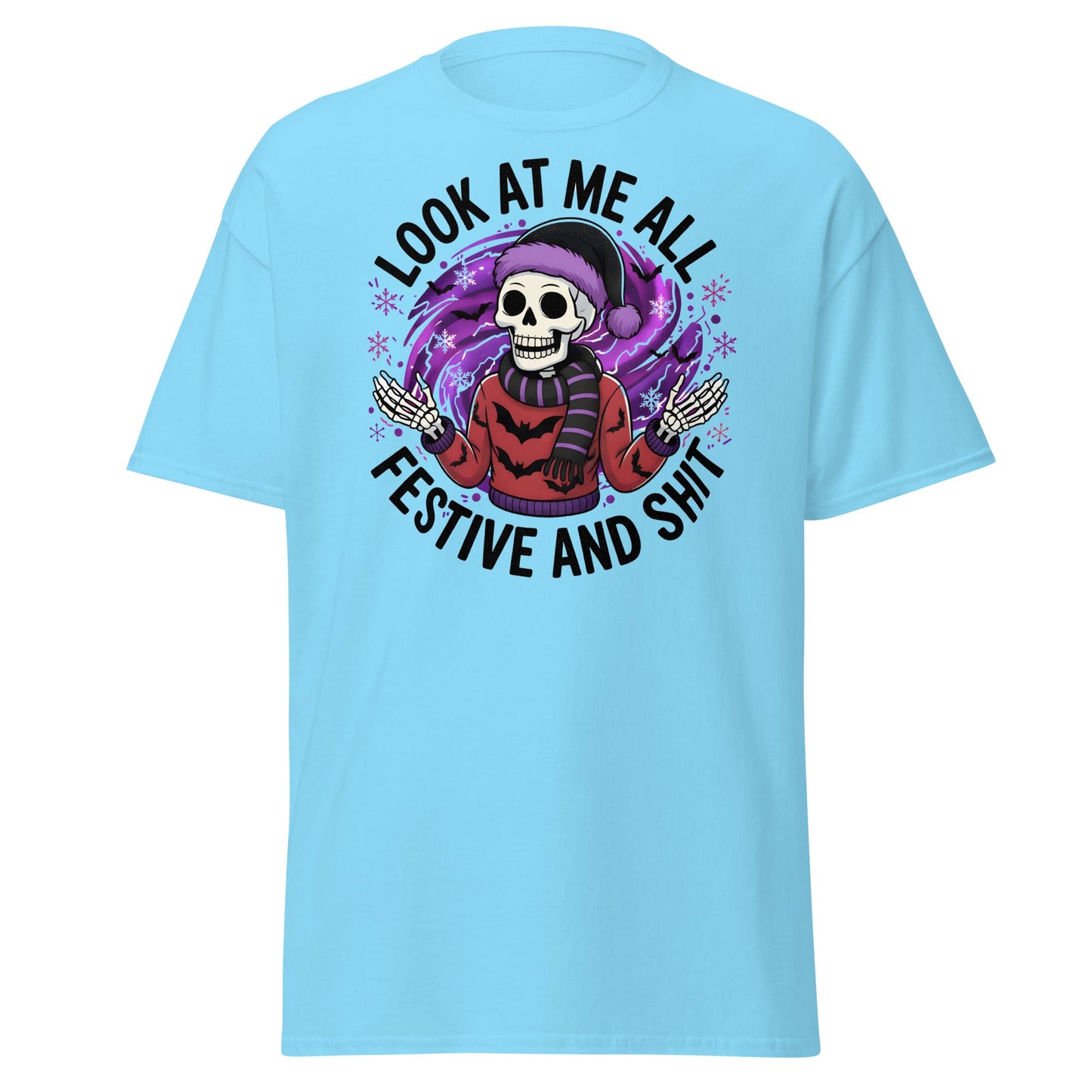 Look At Me All Festive T-Shirt - Funny Skeleton Holiday - Sky - T-Shirts Online