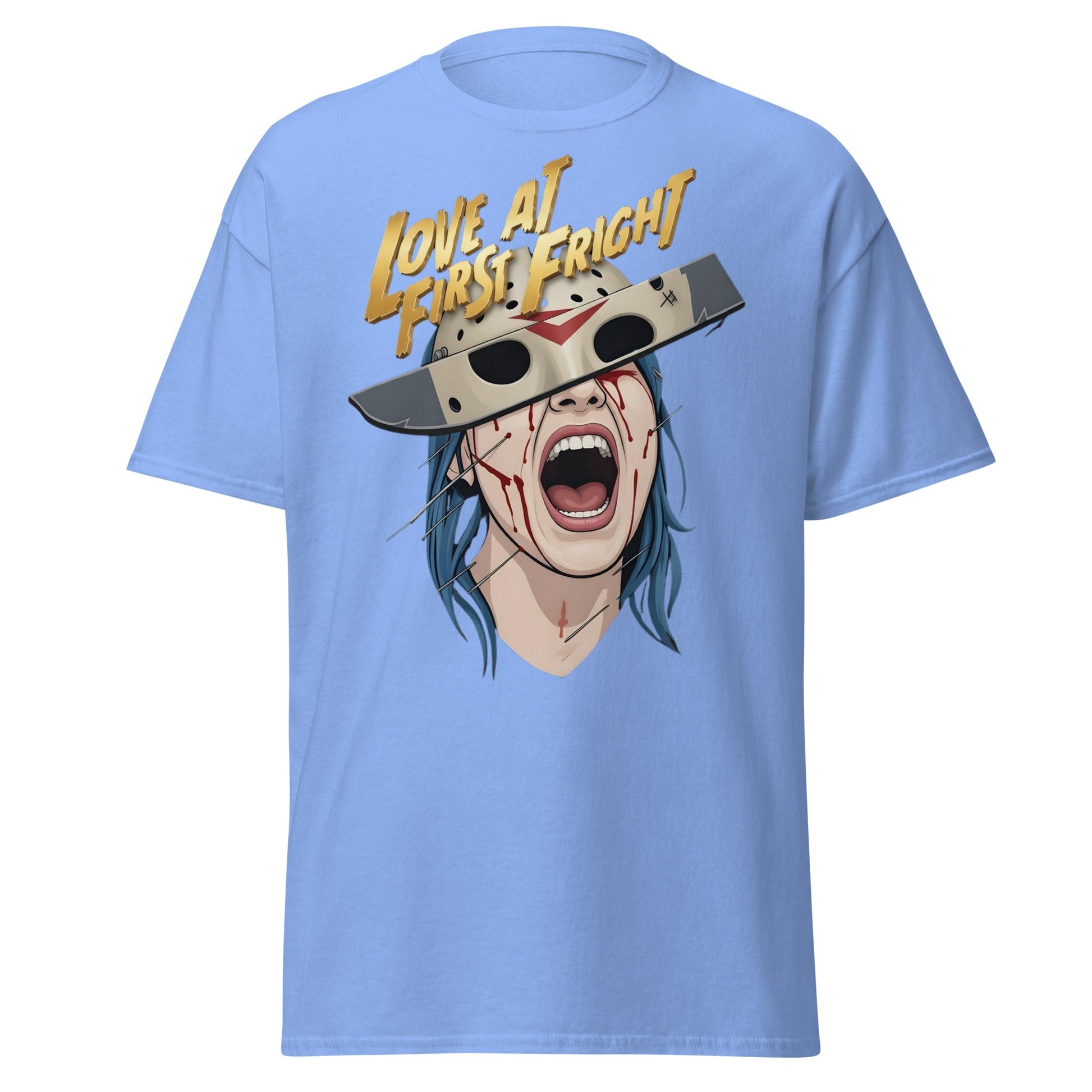 Love at First Fright T-Shirt - Slasher Horror Graphic Tee - Carolina Blue - T-Shirts Online
