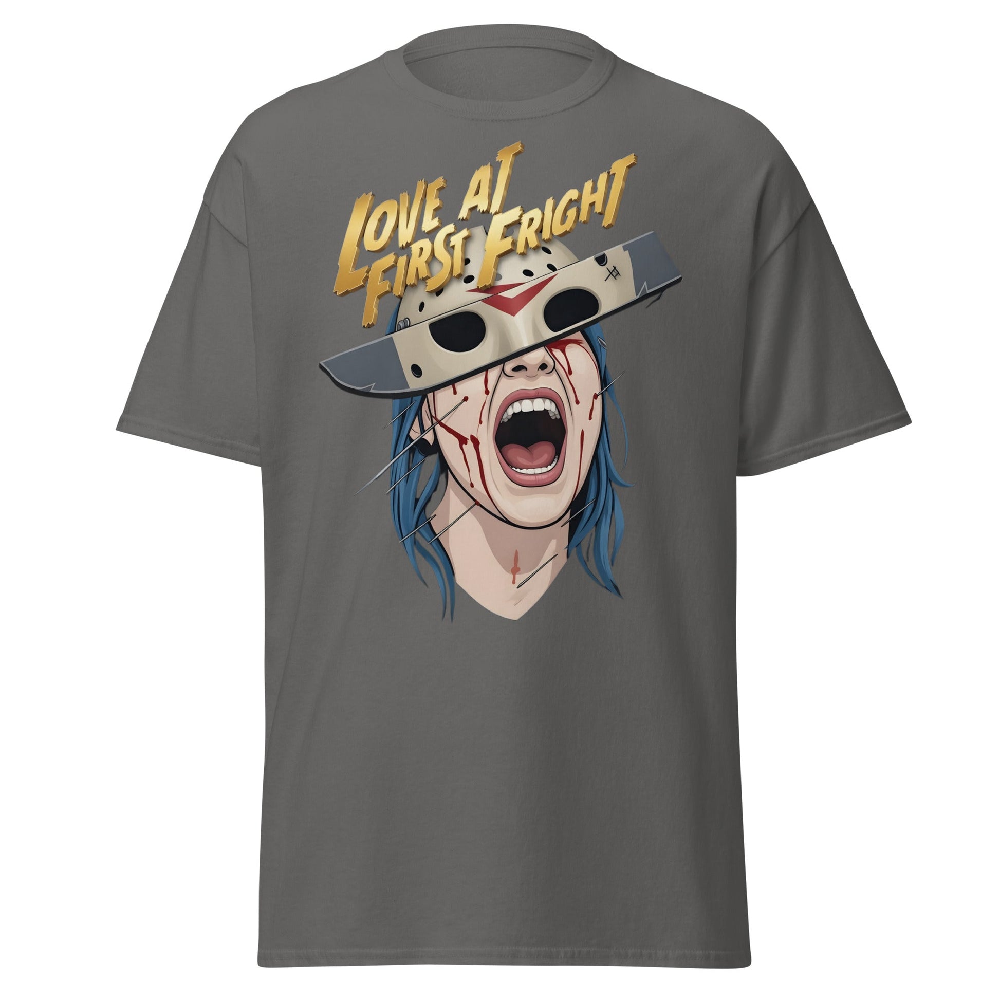 Love at First Fright T-Shirt - Slasher Horror Graphic Tee - Charcoal - T-Shirts Online