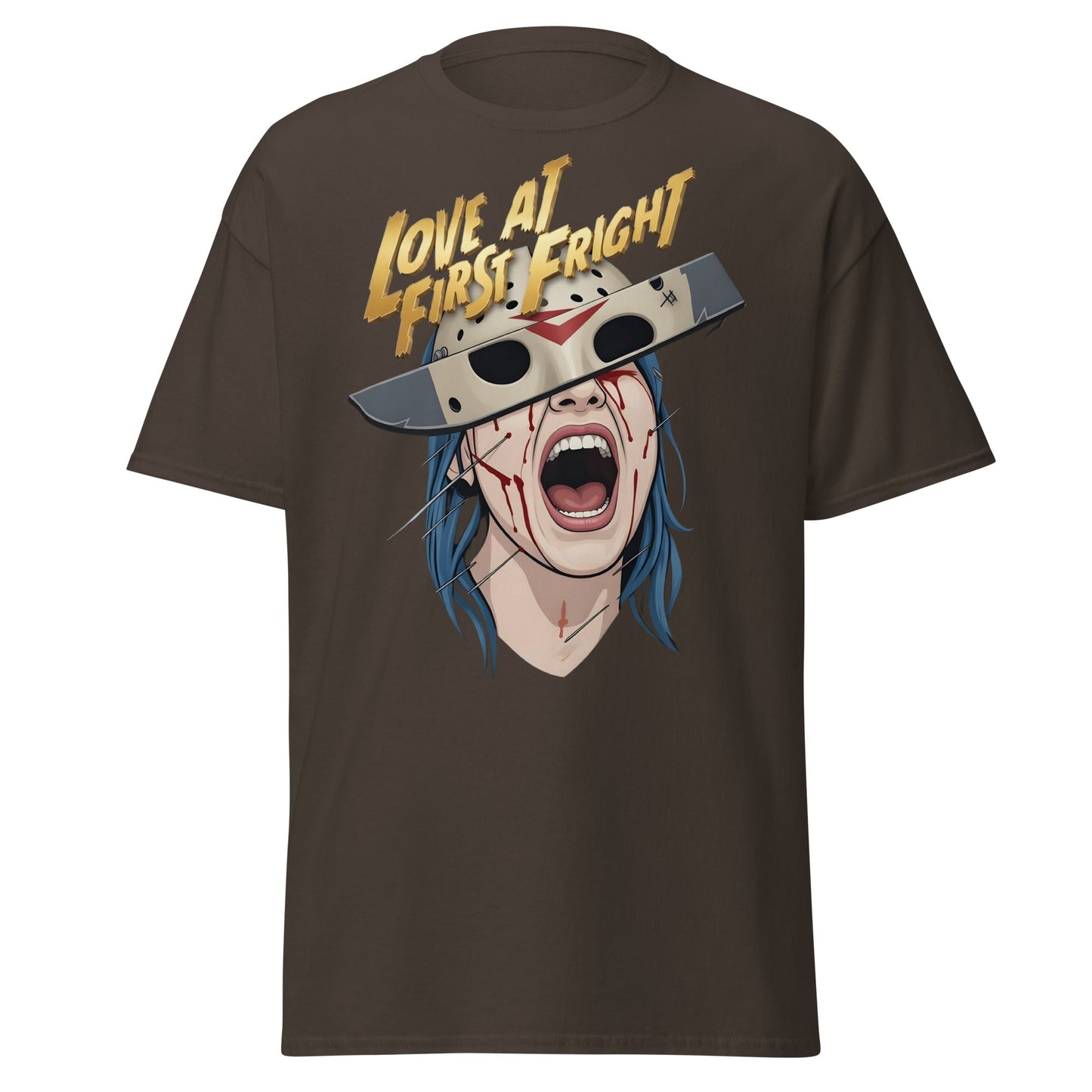Love at First Fright T-Shirt - Slasher Horror Graphic Tee - Dark Chocolate - T-Shirts Online