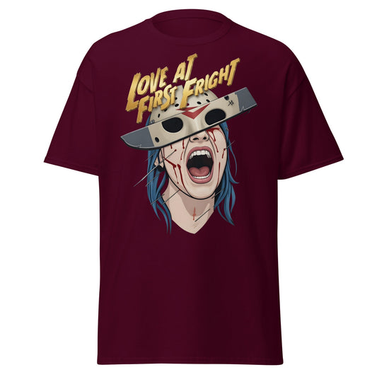 Love at First Fright T-Shirt - Slasher Horror Graphic Tee - Maroon - T-Shirts Online