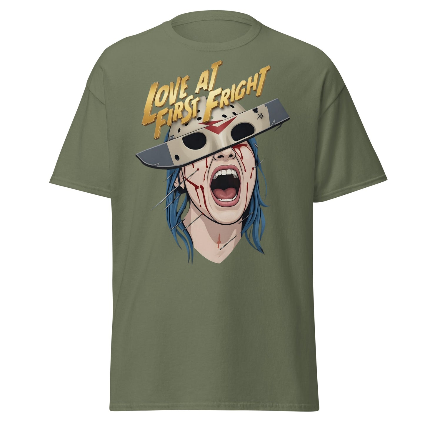 Love at First Fright T-Shirt - Slasher Horror Graphic Tee - Military Green - T-Shirts Online