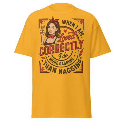 Loved Correctly Gagging T-Shirt | Funny Adult Humor Tee - Gold - T-Shirts Online