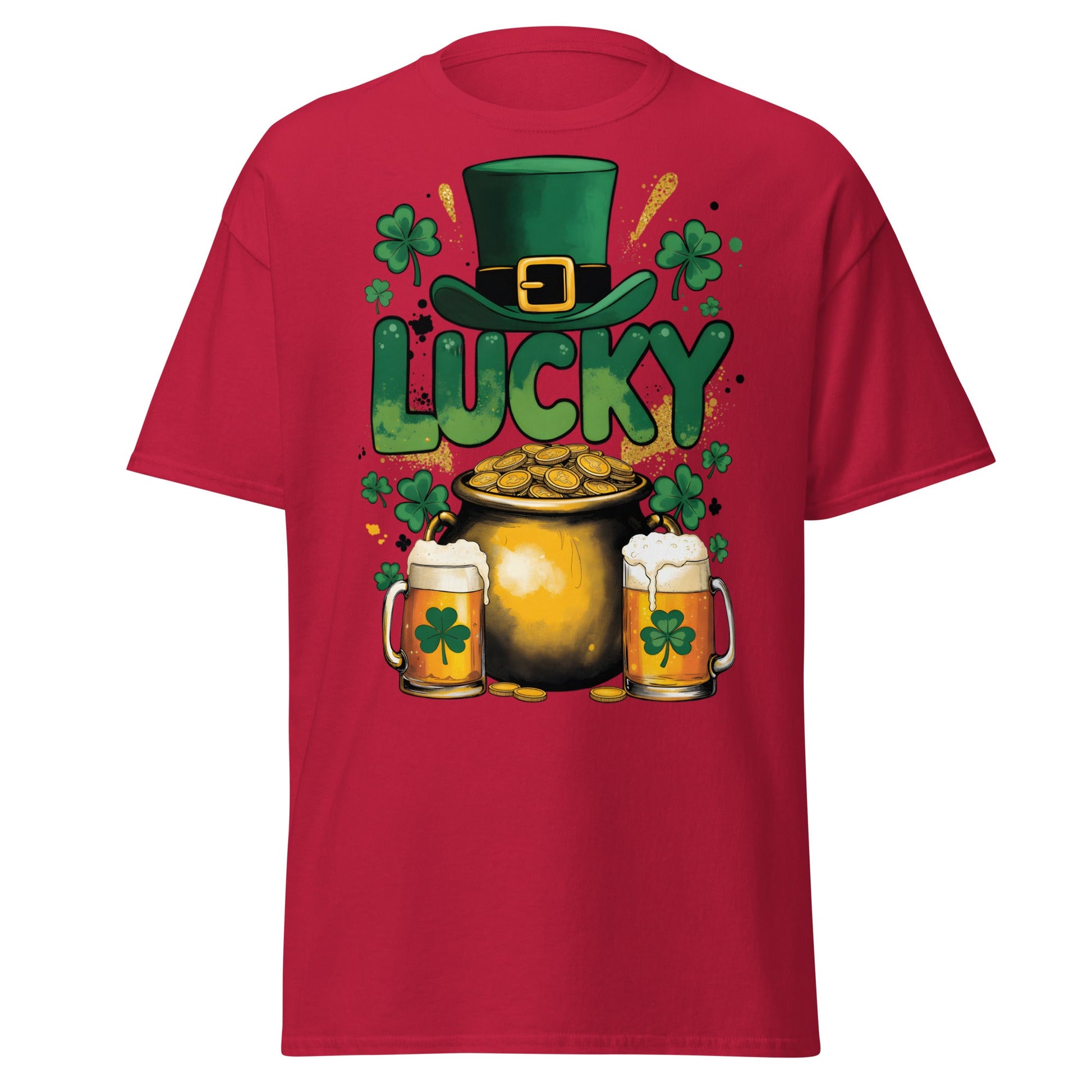 Lucky St. Patrick's Day T-Shirt - Pot of Gold & Beer Tee - Cardinal - T-Shirts Online