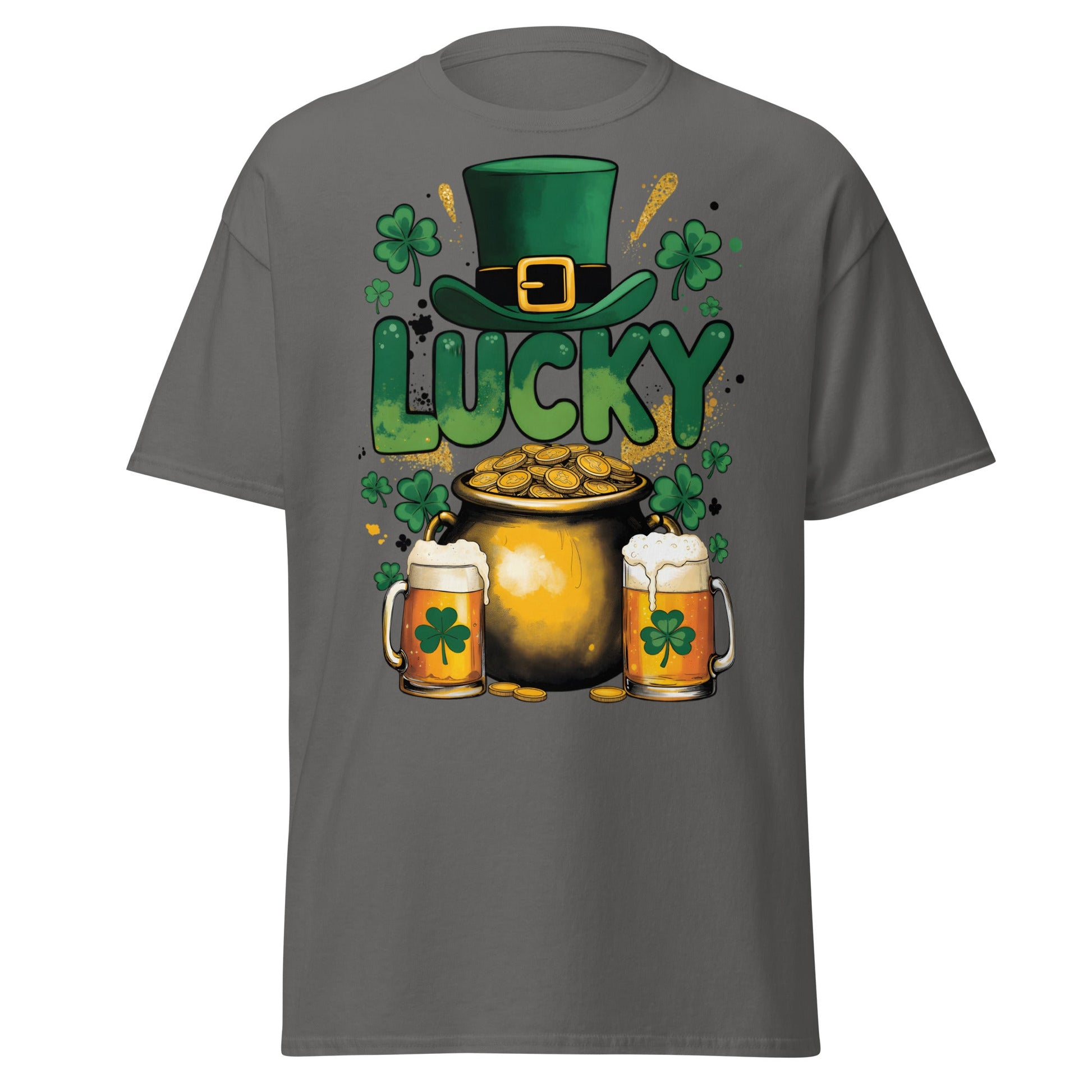 Lucky St. Patrick's Day T-Shirt - Pot of Gold & Beer Tee - Charcoal - T-Shirts Online
