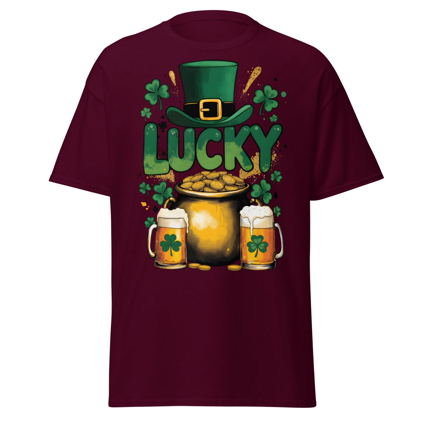 Lucky St. Patrick's Day T-Shirt - Pot of Gold & Beer Tee - Maroon - T-Shirts Online