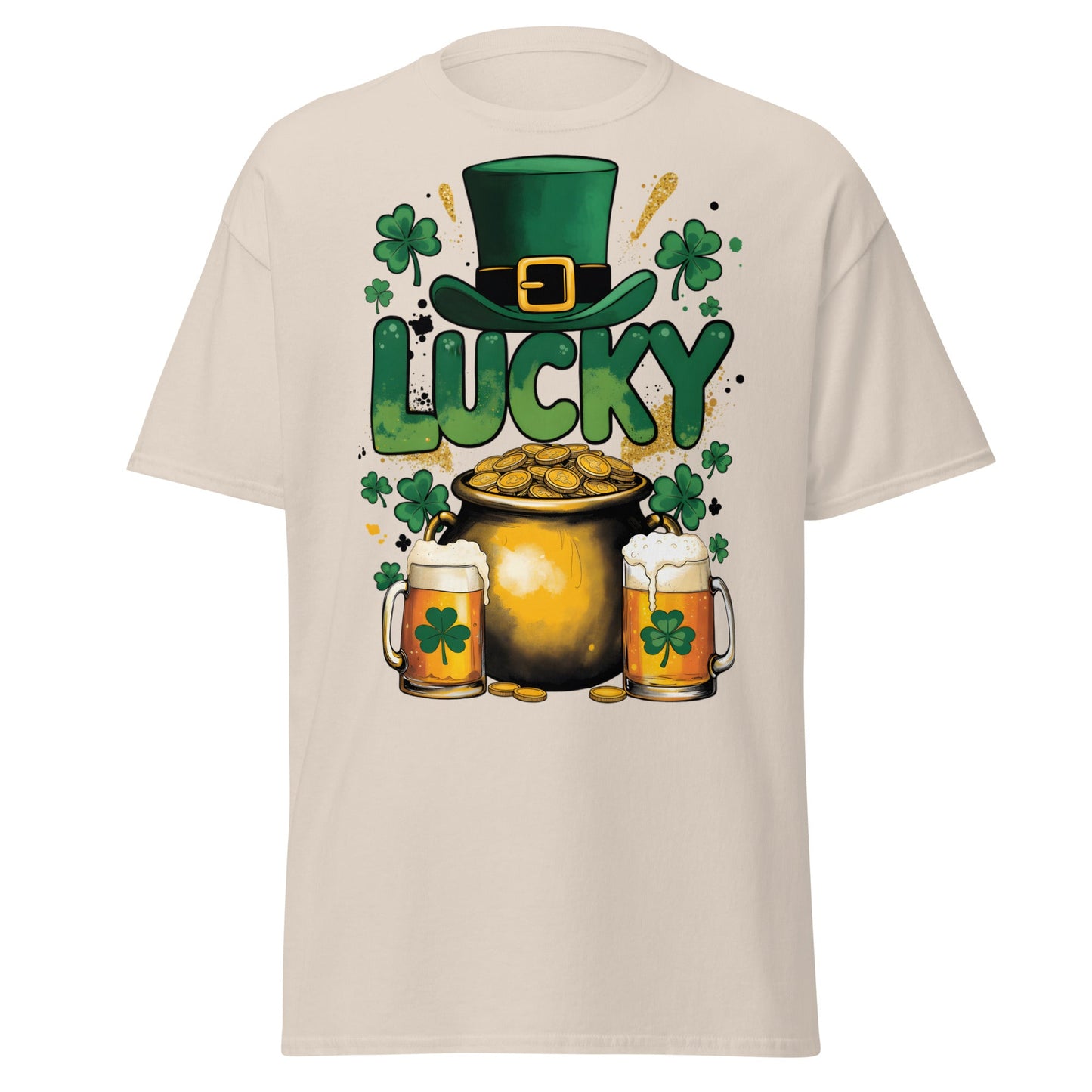 Lucky St. Patrick's Day T-Shirt - Pot of Gold & Beer Tee - Natural - T-Shirts Online