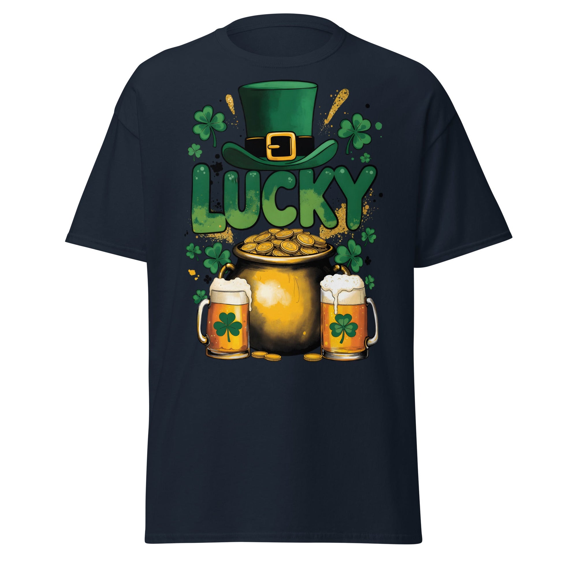 Lucky St. Patrick's Day T-Shirt - Pot of Gold & Beer Tee - Navy - T-Shirts Online