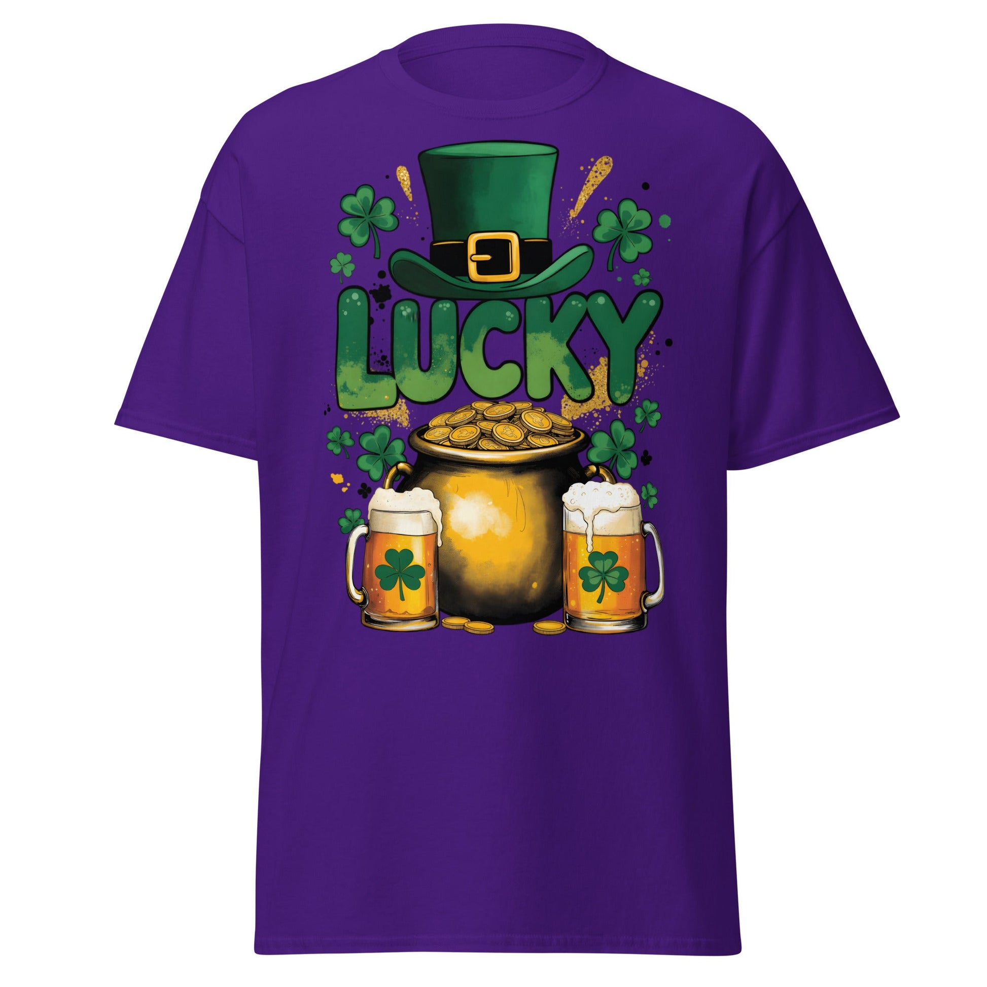 Lucky St. Patrick's Day T-Shirt - Pot of Gold & Beer Tee - Purple - T-Shirts Online