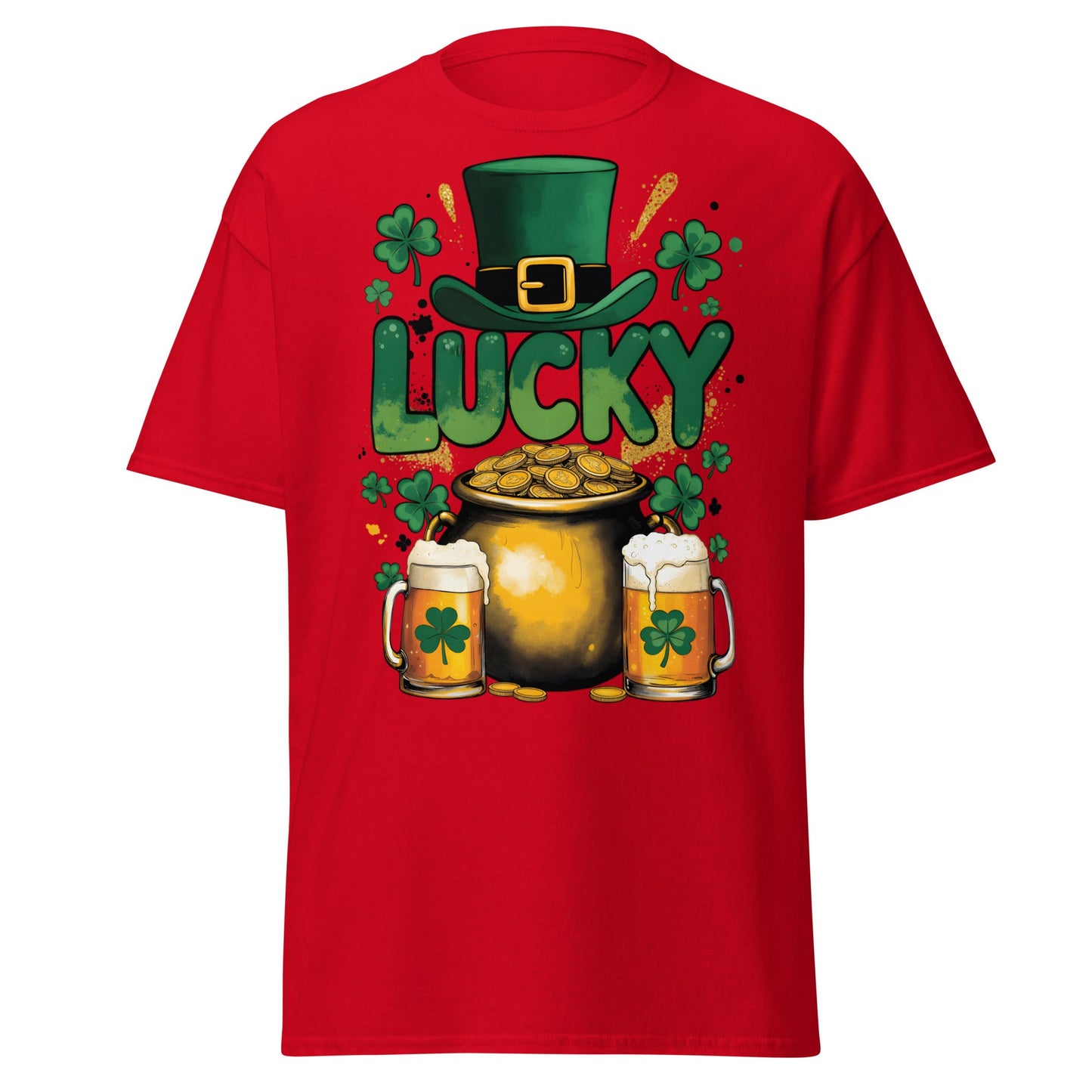 Lucky St. Patrick's Day T-Shirt - Pot of Gold & Beer Tee - Red - T-Shirts Online