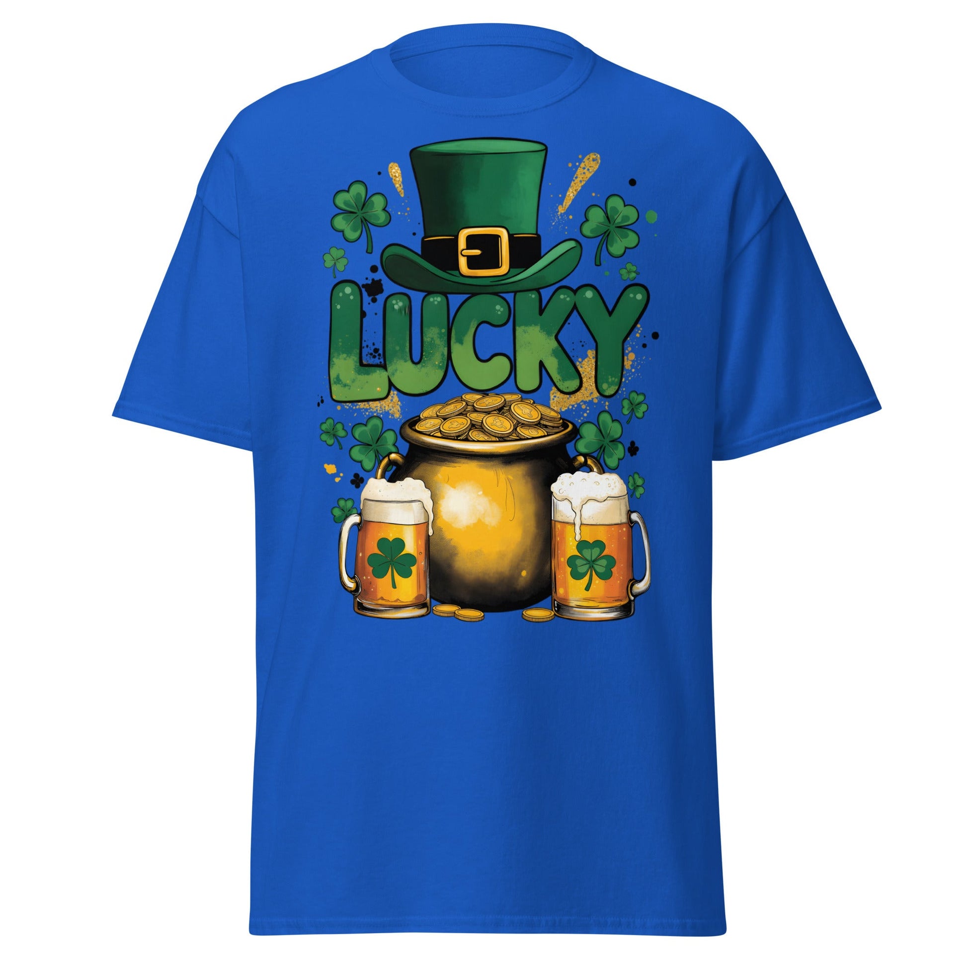 Lucky St. Patrick's Day T-Shirt - Pot of Gold & Beer Tee - Royal - T-Shirts Online