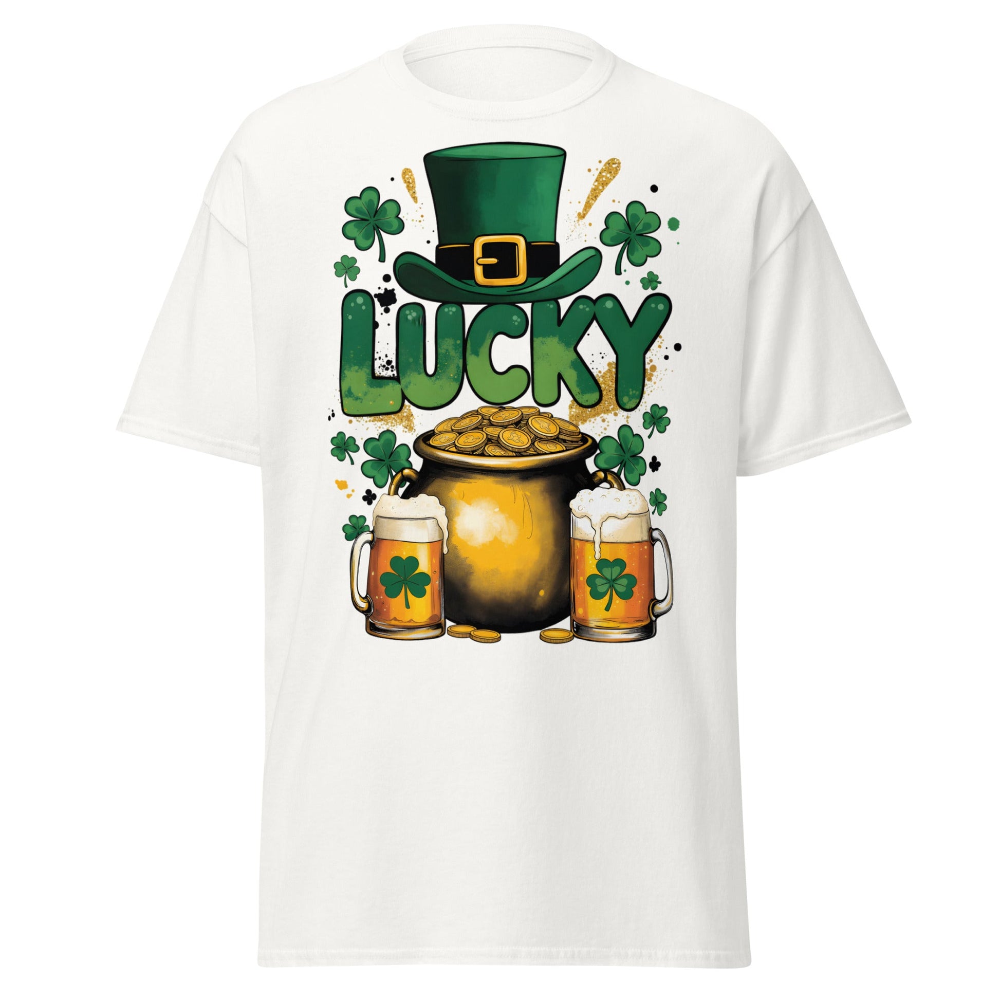 Lucky St. Patrick's Day T-Shirt - Pot of Gold & Beer Tee - White - T-Shirts Online