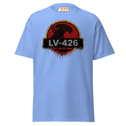 LV - 426 Alien Emblem T-Shirt – Distressed Sci - Fi Tee - Carolina Blue - T-Shirts Online