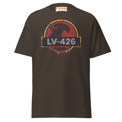 LV - 426 Alien Emblem T-Shirt – Distressed Sci - Fi Tee - Dark Chocolate - T-Shirts Online