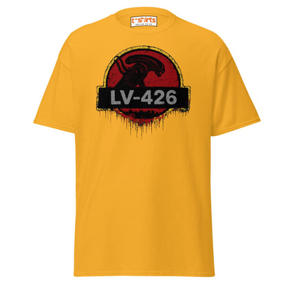 LV - 426 Alien Emblem T-Shirt – Distressed Sci - Fi Tee - Gold - T-Shirts Online