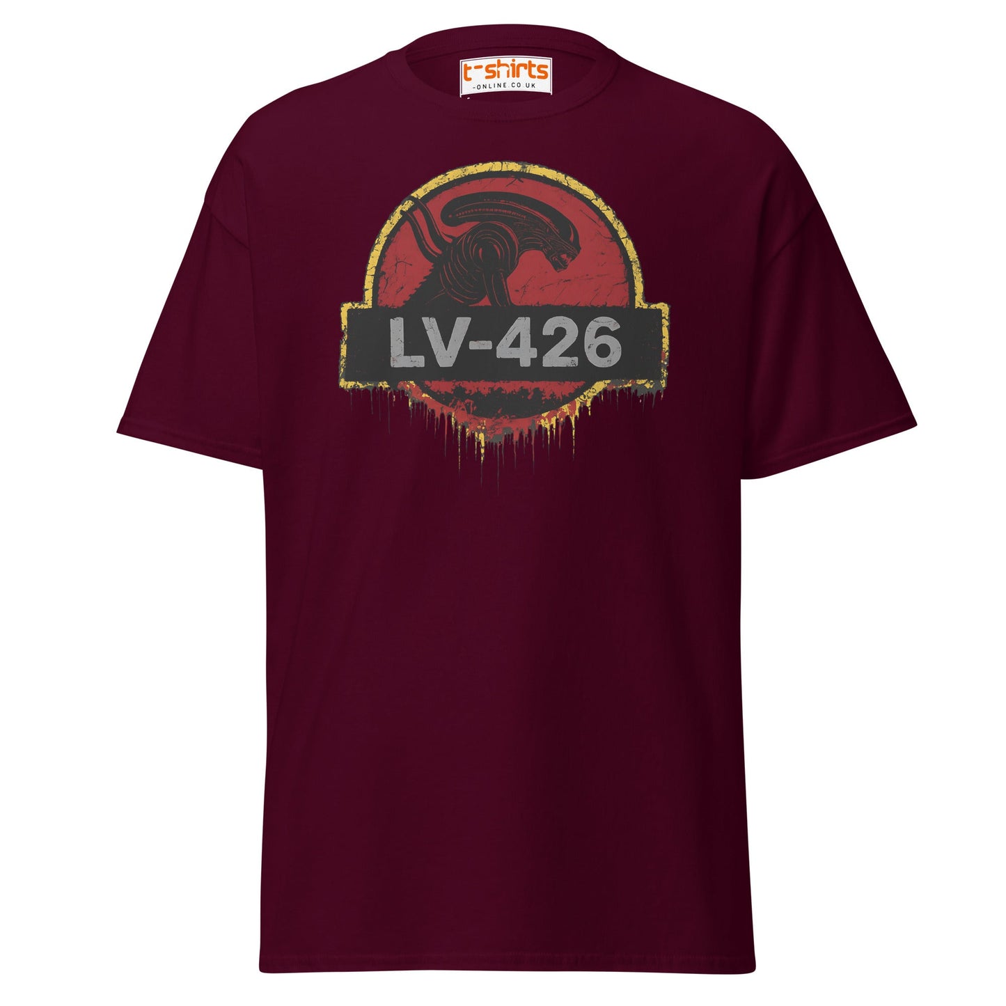 LV - 426 Alien Emblem T-Shirt – Distressed Sci - Fi Tee - Maroon - T-Shirts Online