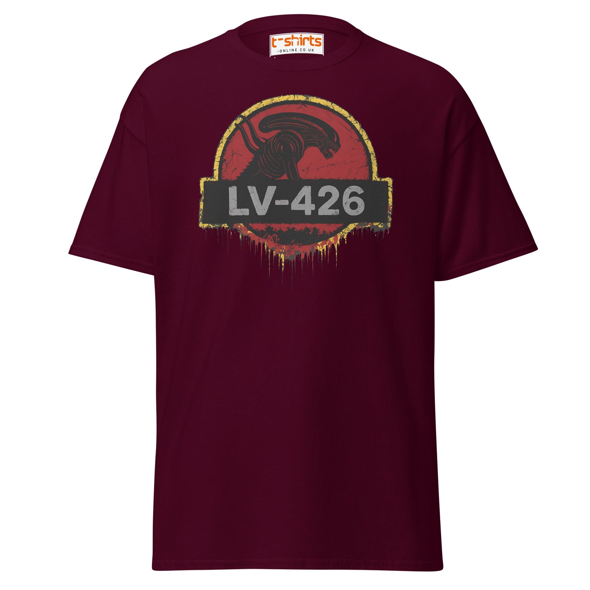 LV - 426 Alien Emblem T-Shirt – Distressed Sci - Fi Tee - Maroon - T-Shirts Online