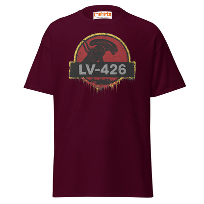 LV - 426 Alien Emblem T-Shirt – Distressed Sci - Fi Tee - Maroon - T-Shirts Online