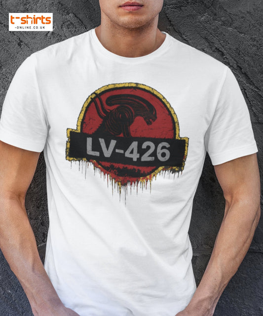 LV - 426 Alien Emblem T-Shirt – Distressed Sci - Fi Tee - Maroon - T-Shirts Online