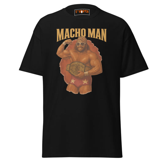 Black t-shirt with 'Macho Man' graphic design on a black background
