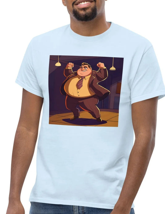 Light blue t-shirt featuring a cartoon illustration of a man in a suit striking a triumphant pose under hanging lights