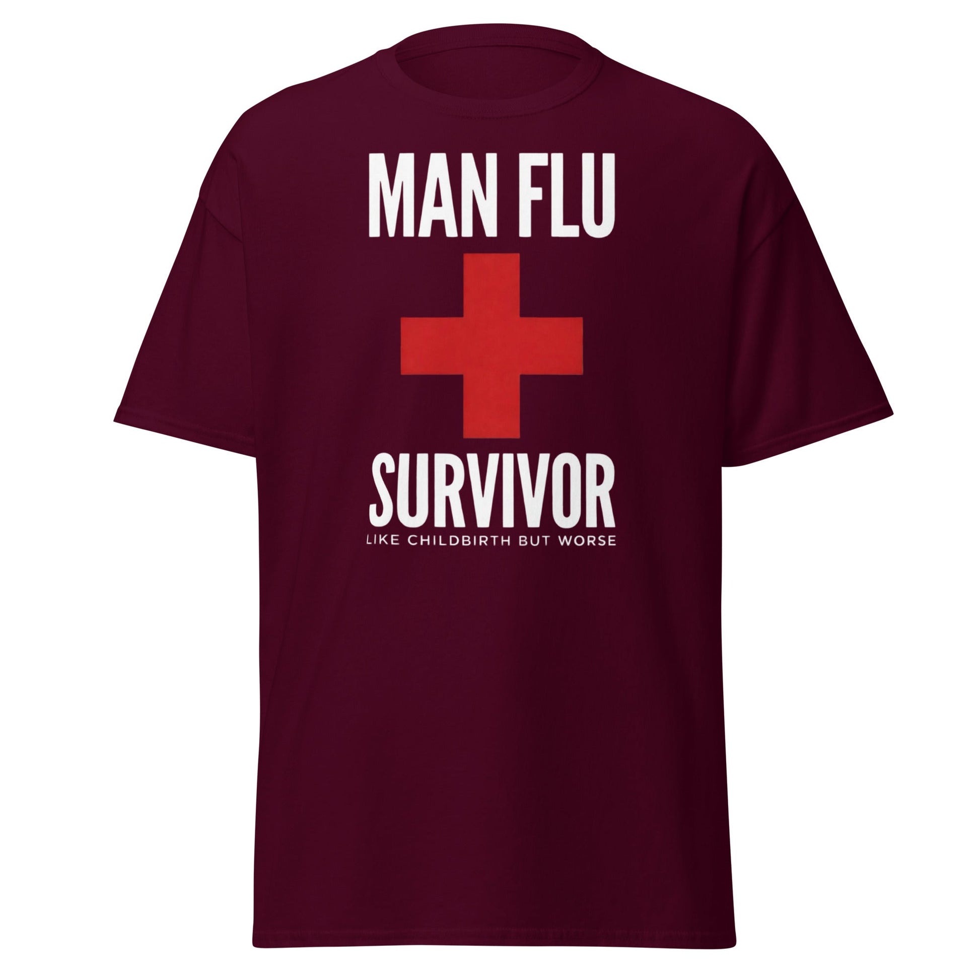 Man Flu Survivor T-Shirt | Funny Men's Gag Gift Tee - Maroon - T-Shirts Online