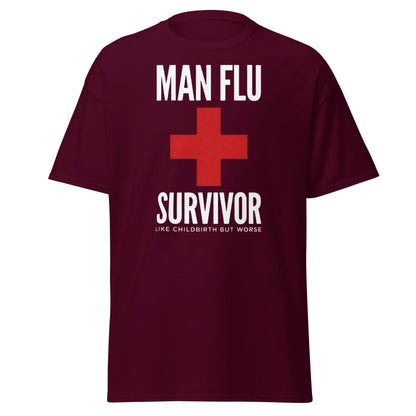 Man Flu Survivor T-Shirt | Funny Men's Gag Gift Tee - Maroon - T-Shirts Online
