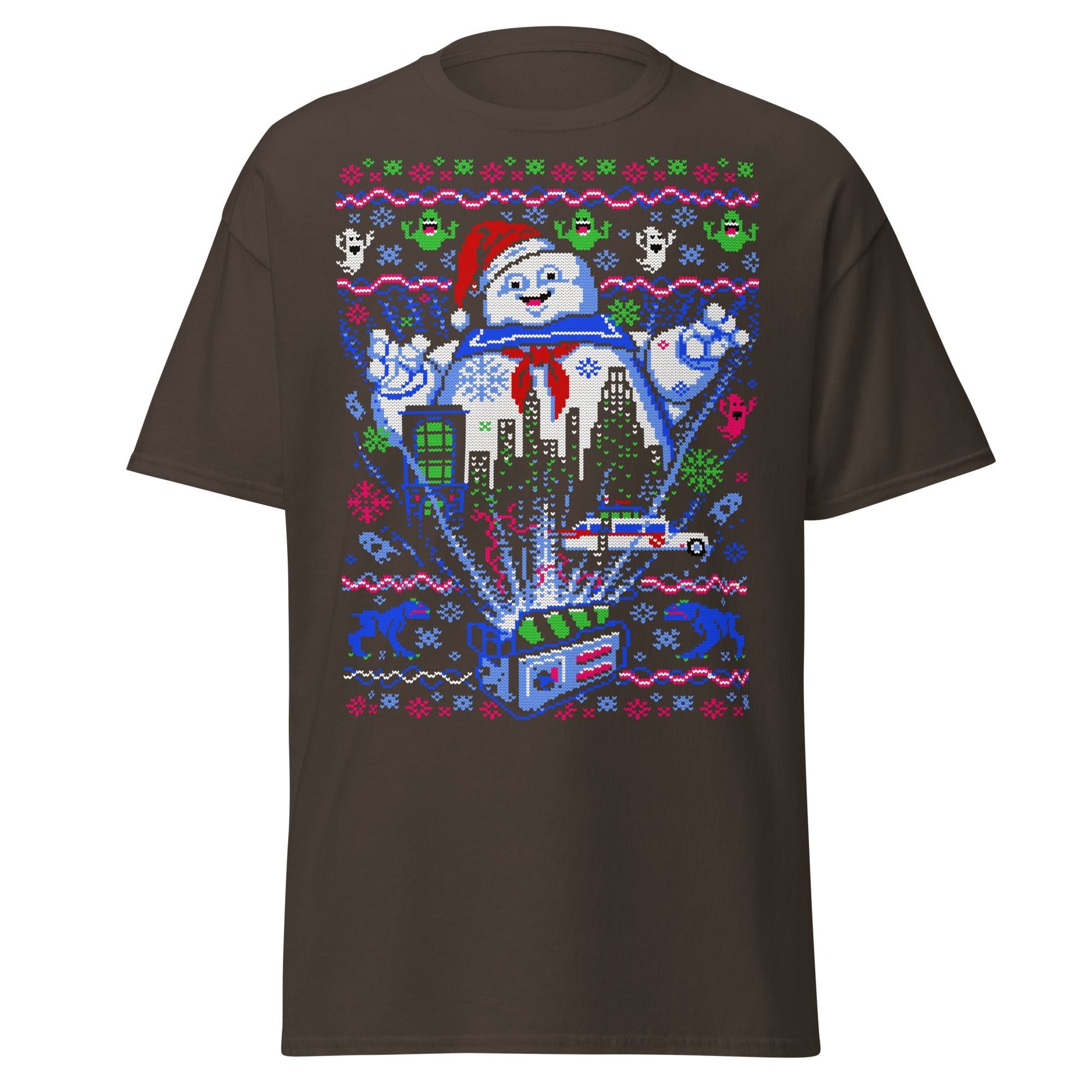 Marshmallow Man Ugly Christmas T-Shirt - Pixel Art Tee - Dark Chocolate - T-Shirts Online