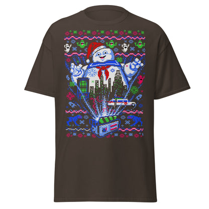 Marshmallow Man Ugly Christmas T-Shirt - Pixel Art Tee - Dark Chocolate - T-Shirts Online