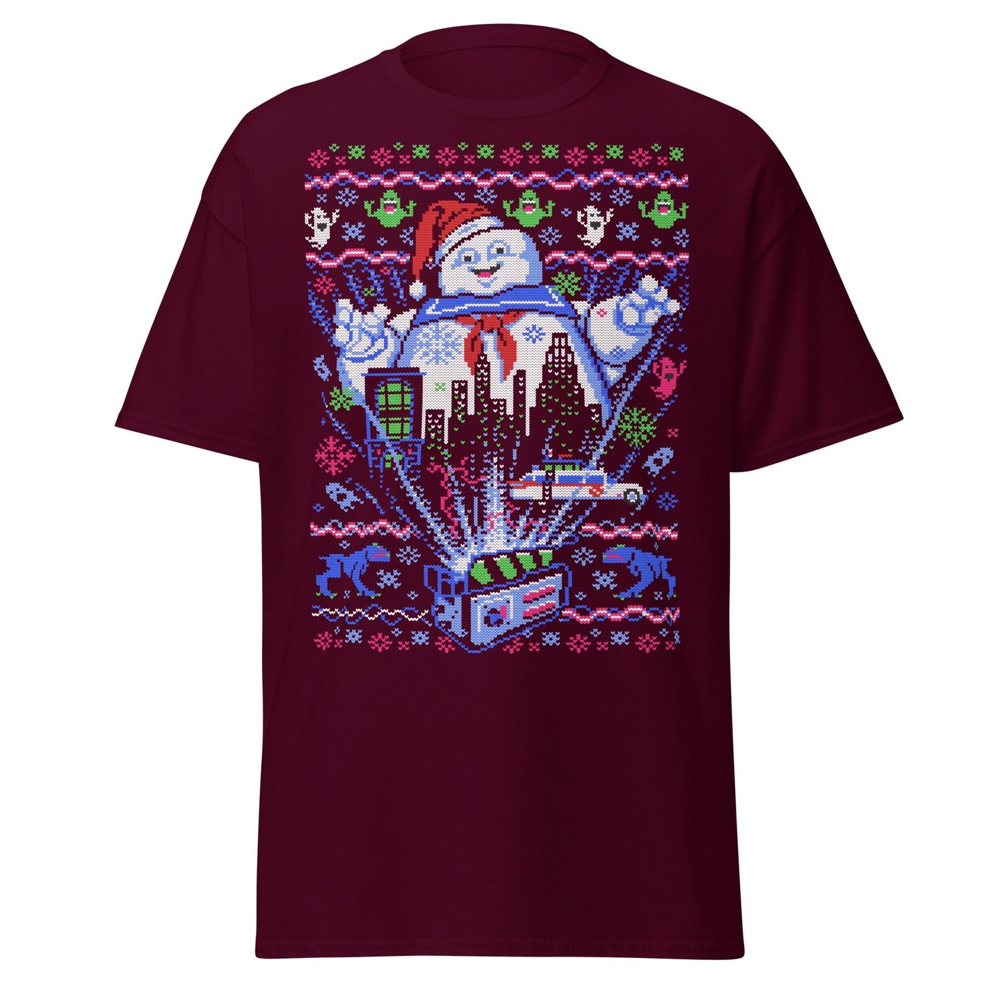 Marshmallow Man Ugly Christmas T-Shirt - Pixel Art Tee - Maroon - T-Shirts Online