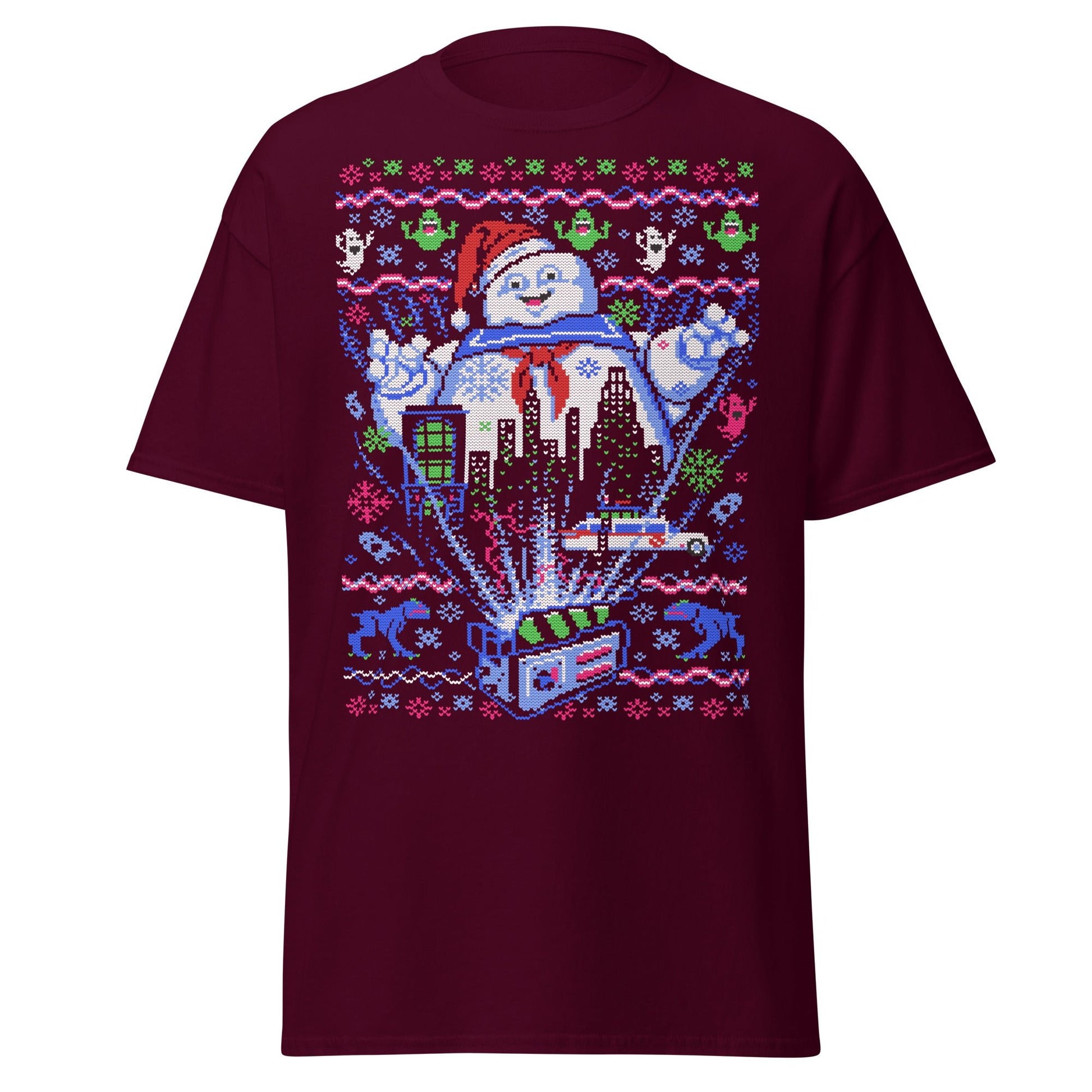 Marshmallow Man Ugly Christmas T-Shirt - Pixel Art Tee - Maroon - T-Shirts Online