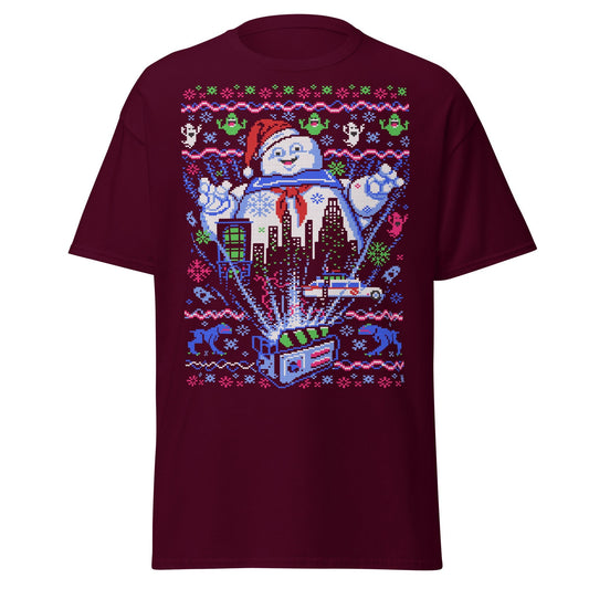 Marshmallow Man Ugly Christmas T-Shirt - Pixel Art Tee - Maroon - T-Shirts Online