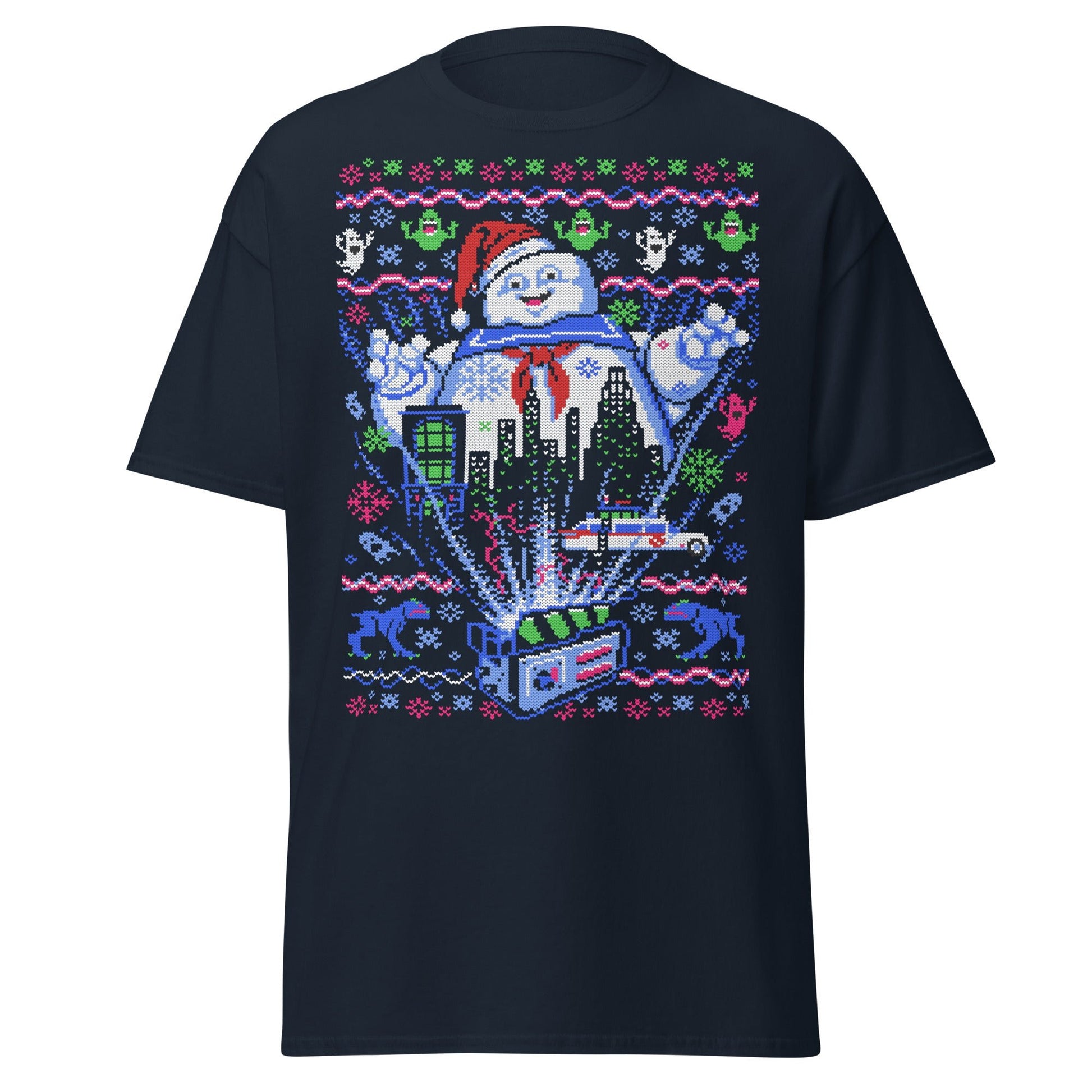 Marshmallow Man Ugly Christmas T-Shirt - Pixel Art Tee - Navy - T-Shirts Online