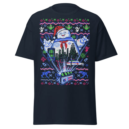 Marshmallow Man Ugly Christmas T-Shirt - Pixel Art Tee - Navy - T-Shirts Online