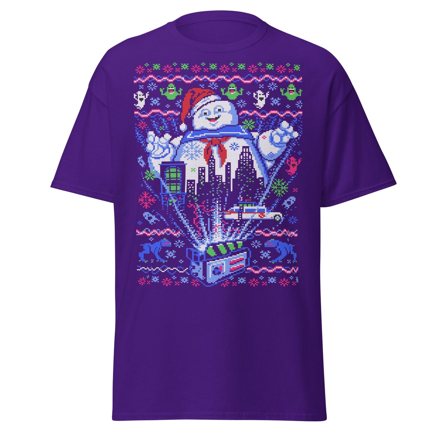 Marshmallow Man Ugly Christmas T-Shirt - Pixel Art Tee - Purple - T-Shirts Online
