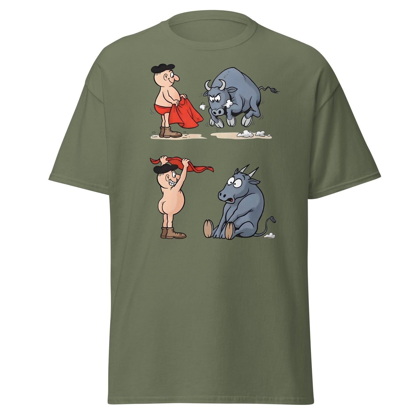 Matador Bullfighter Naked Gag Cartoon T-Shirt - Military Green - T-Shirts Online