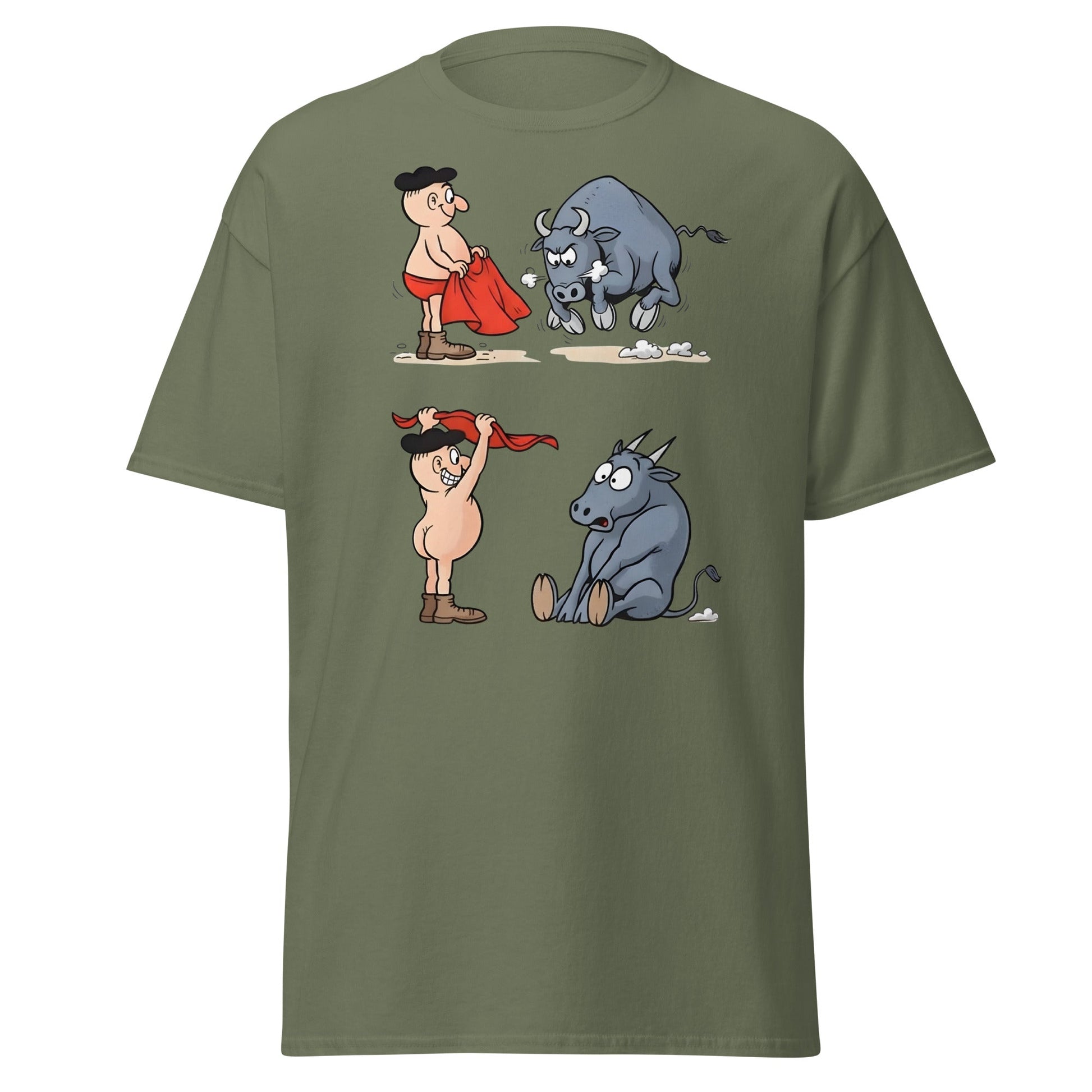 Matador Bullfighter Naked Gag Cartoon T-Shirt - Military Green - T-Shirts Online