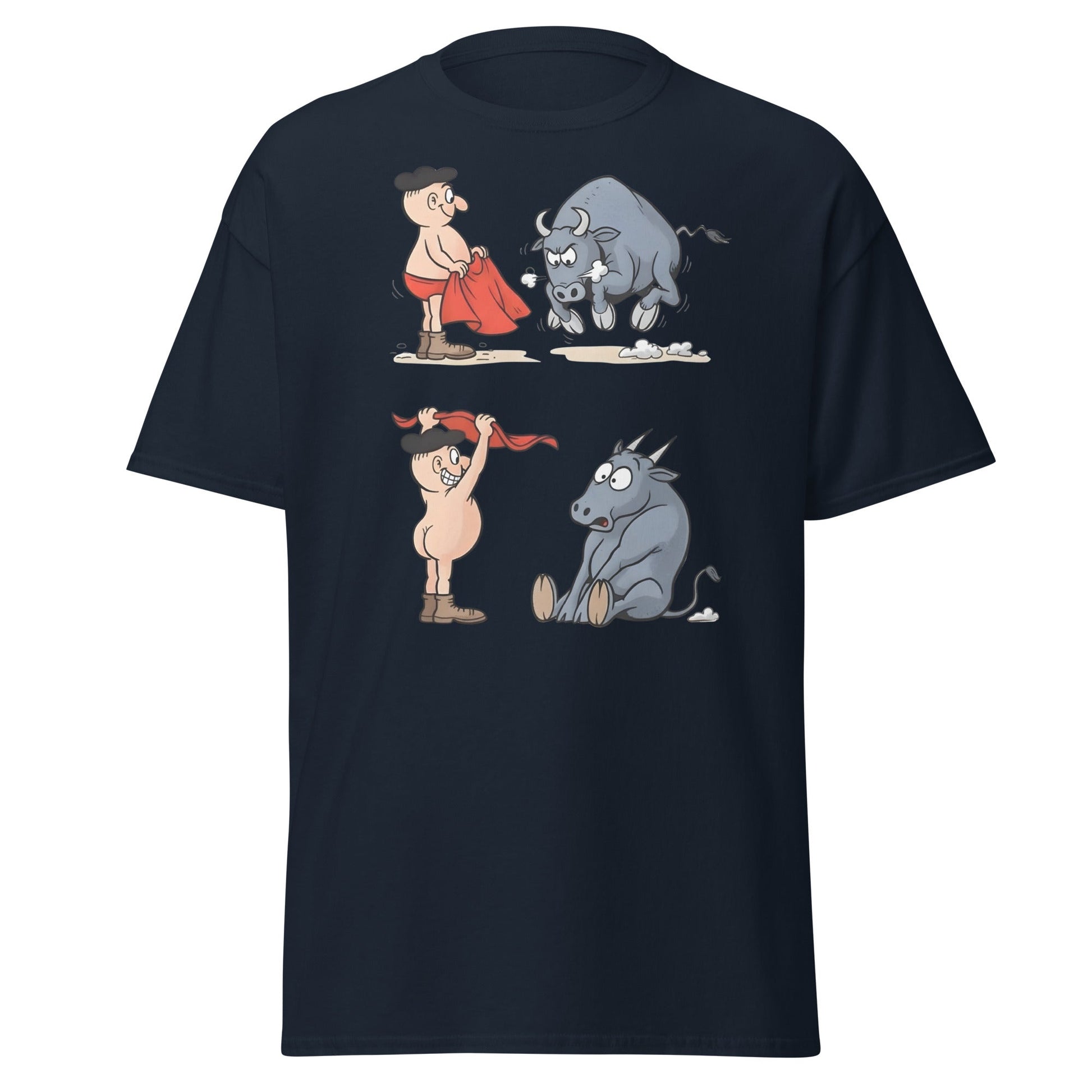 Matador Bullfighter Naked Gag Cartoon T-Shirt - Navy - T-Shirts Online